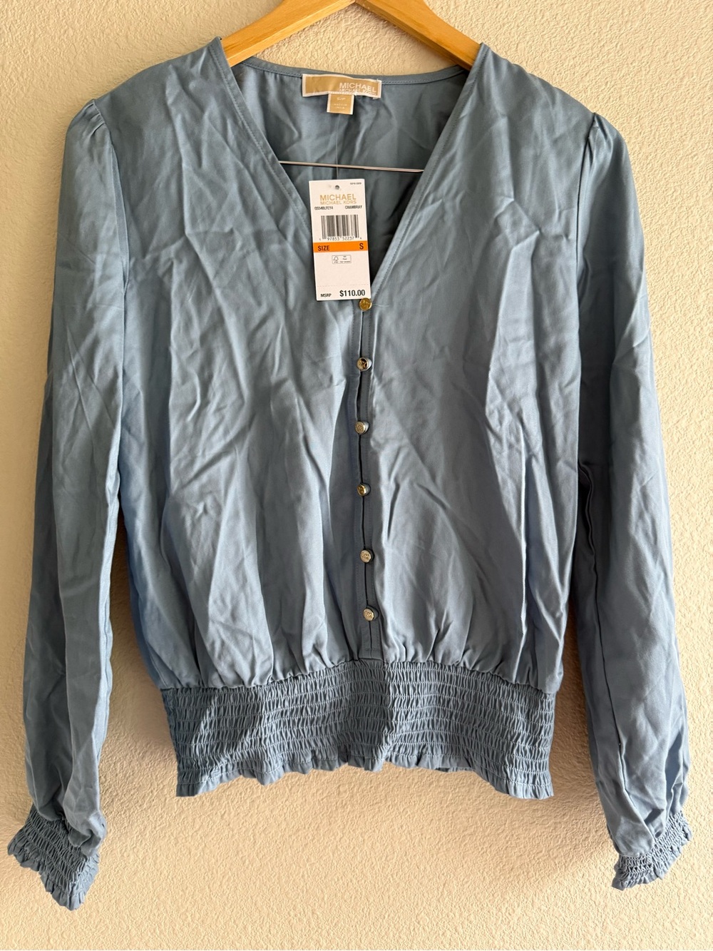 MICHAEL Michael Kors NWT Chambray Blue Smocked Waist V-Neck Button Blouse Size S